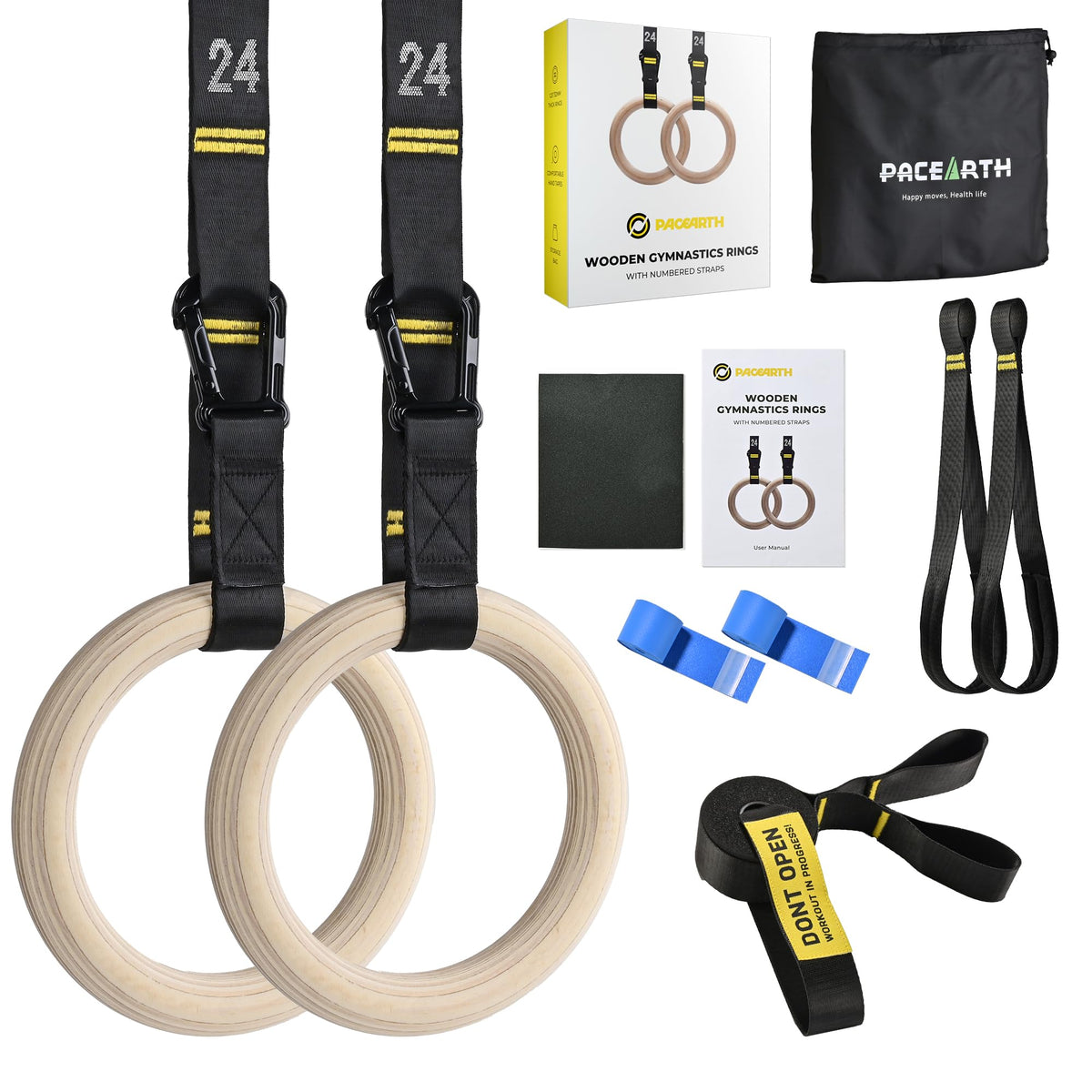 PACEARTH Gymnastics Rings 32mm Wooden Olympic Rings Support 1500lbs Locked Carabiners 9ft DoubleLayer Numbered Straps NonSlip Gym Rings with Foot St