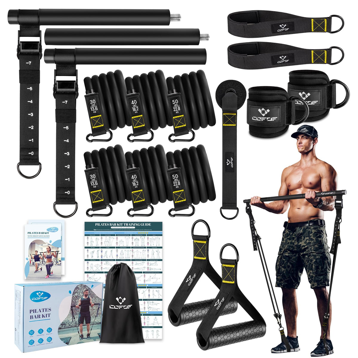 Pilates Bar Kit with Resistance Bands, Multifunctional Metal Exercise Bar with HeavyDuty Metal Adjustment Buckle, Portable Home Gym Pilates Resistanc