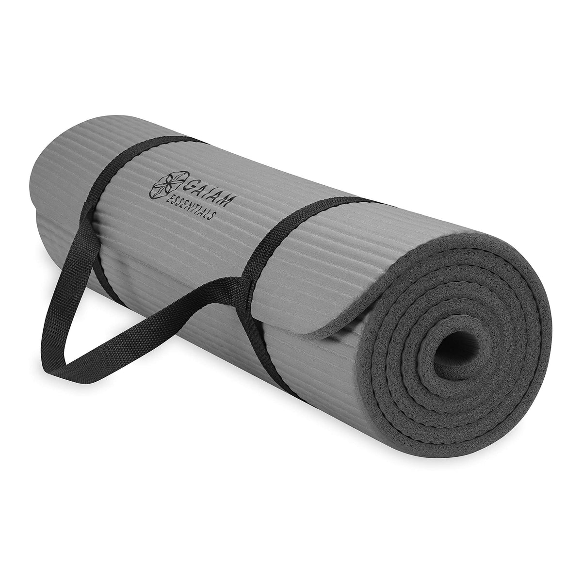 Gaiam Essentials Thick Yoga Mat Fitness & Exercise Mat with EasyCinch Carrier Strap, Grey, 72inchL X 24inchW X 2/5 Inch Thick, 10mm