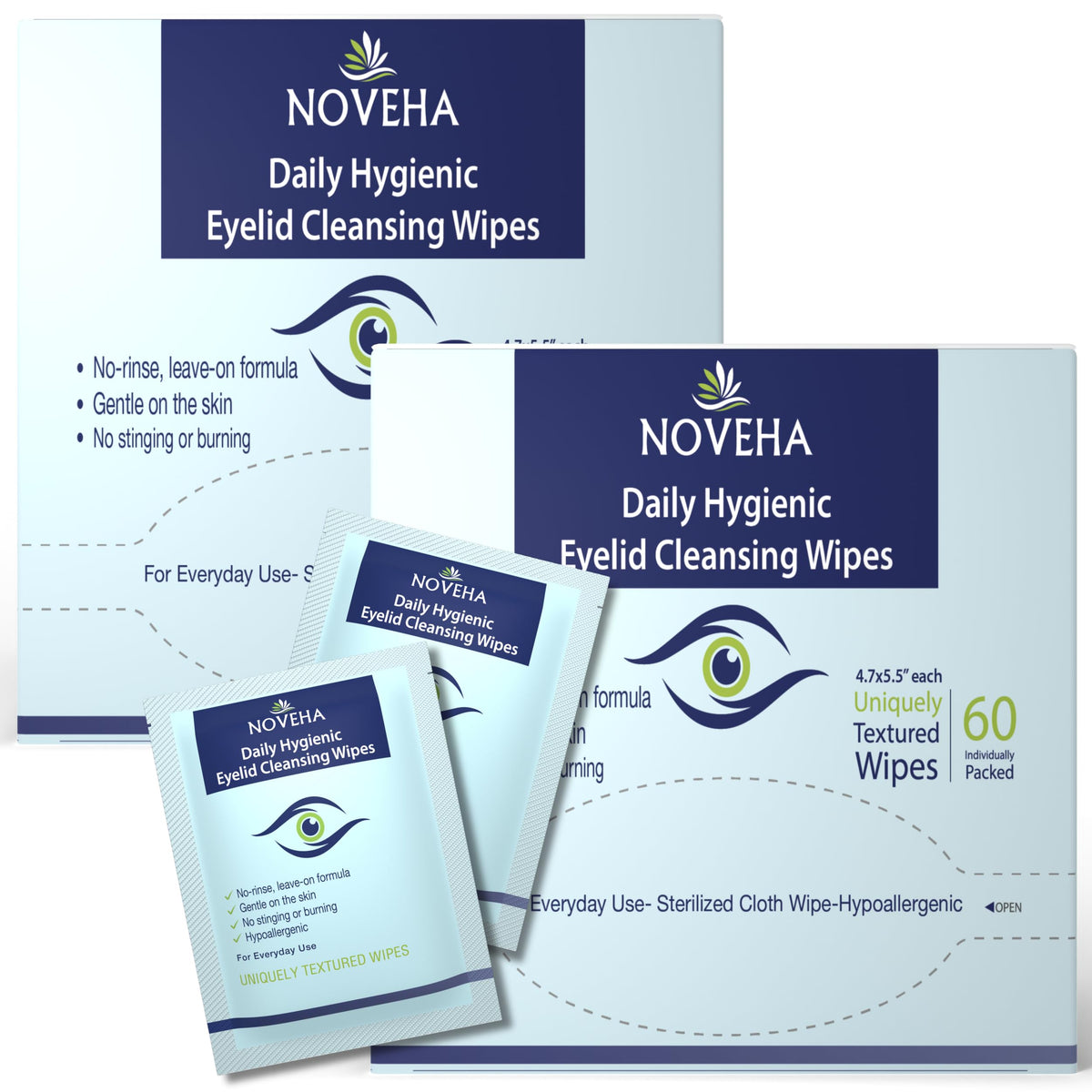 NOVEHA 120Pcs Daily Hygienic Eyelid & Lash Wipes | 120 Individually Wrapped Cleansing Eyelash Wipes  For Blepharitis & Itchy Eyes, Demodex and Natura