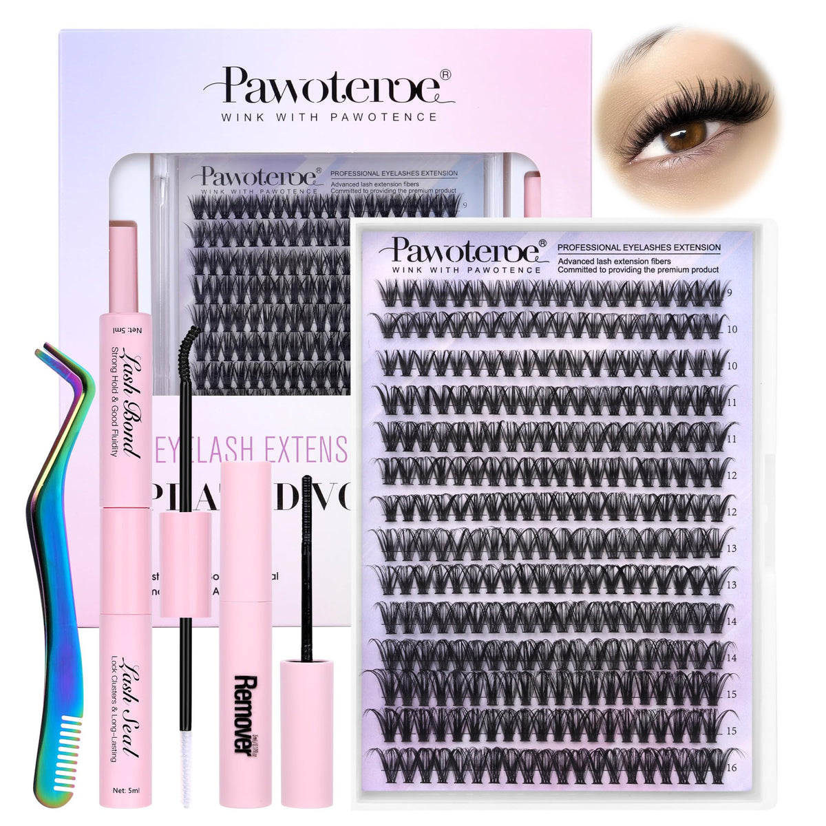 Pawotence Lash Extension Kit DIY 280pcs Individual Lash Clusters Kit 916mm 40D Cluster Eyelash Extension Kit with Lash Bond and Seal, Lash Remover, L