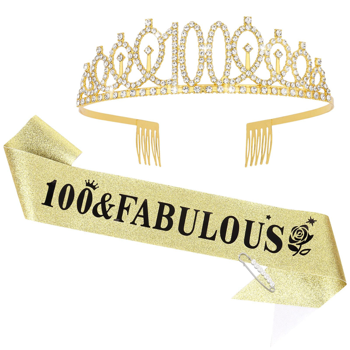 Gold 100th Birthday Sash and Tiara for Women, 100th Birthday Party Decorations, 100 and Fabulous Sash and Tiara Set, 100th Birthday Decorations for Wo