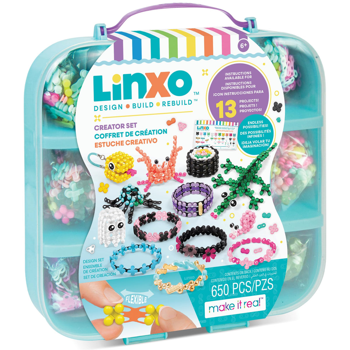 Make It Real: LinXo Creator Set 650 pcs, DIY 13 Projects, Jewelry & Collectible Figures, DesignBuildRebuild, Flexible Pieces, Girls & Kids Ages 6+