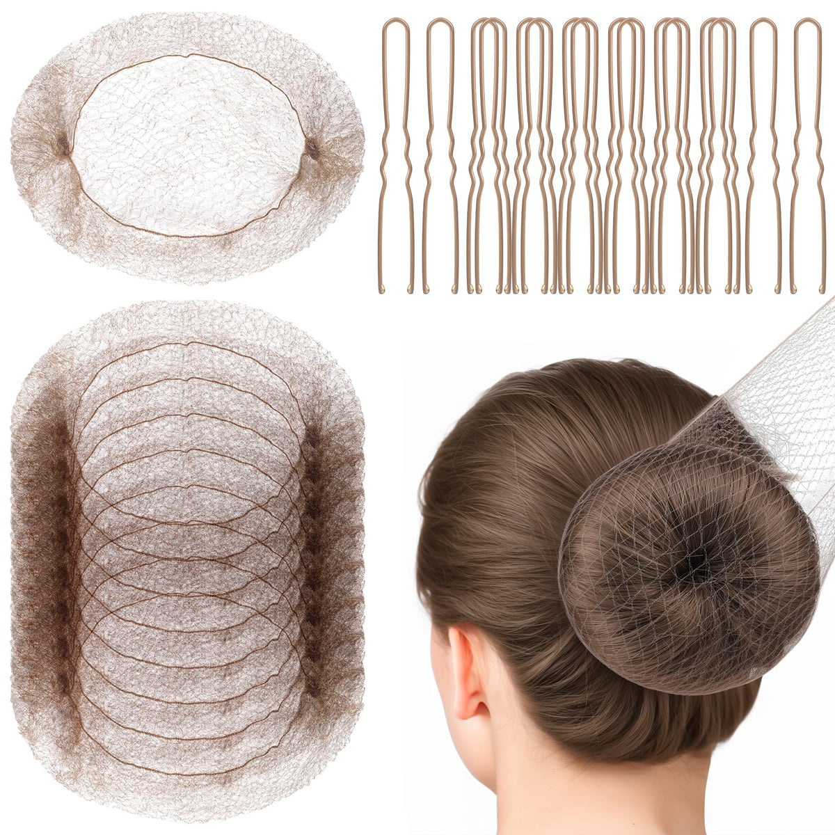 Fandamei Hair Accessories Set: 20PCS Mesh Hair Nets Invisible and 40PCS U Shaped Hair Pins for Women, Girls, Ballet Bun Maker & Dance (Hair Nets 20 i