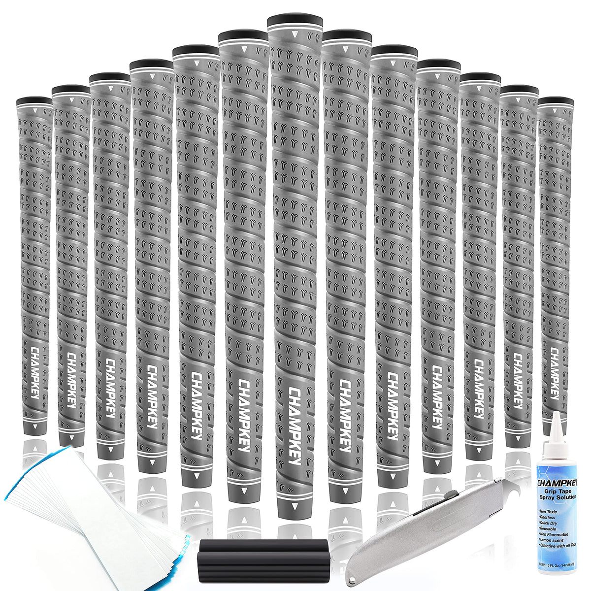 CHAMPKEY WRAPY Rubber Golf Grips 13 Pack Come with All Repair Kits  High Feedback and Traction Golf Club Grips(Midsize, Gray)