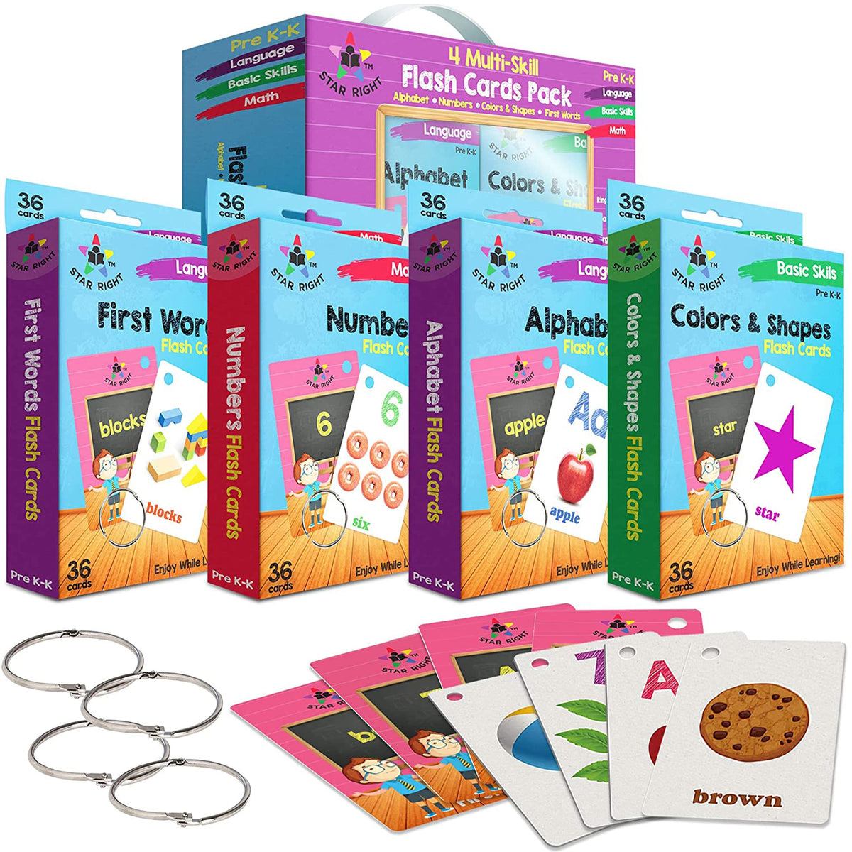 Star Right Words Toddler Flash Cards Set of 4  Number Flash Cards, First Words, Colors and Shapes, & Alphabet/Letter Flashcards  4 Binder Rings  14