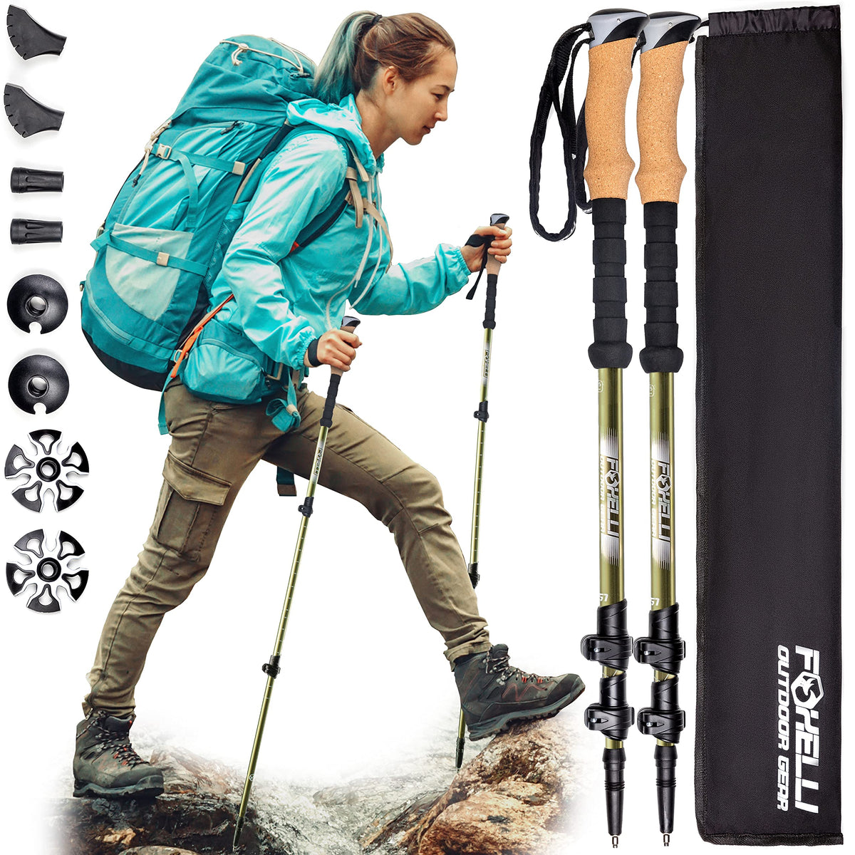 Foxelli Carbon Fiber Trekking Poles  Lightweight Collapsible & ShockAbsorbent Hiking Poles w/Cork Grips, Lever Locks & All Terrain Accessories