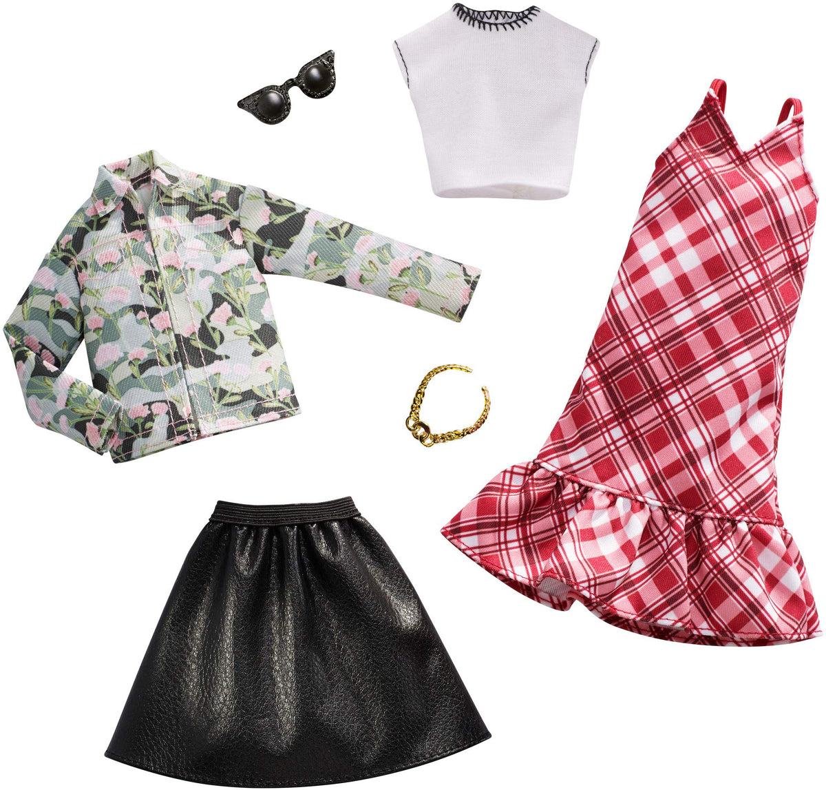 Barbie Clothes  2 Outfits Doll Include Floral Denim Jacket and Leathery Black Skirt, Gift for 3 to 8 Year Olds