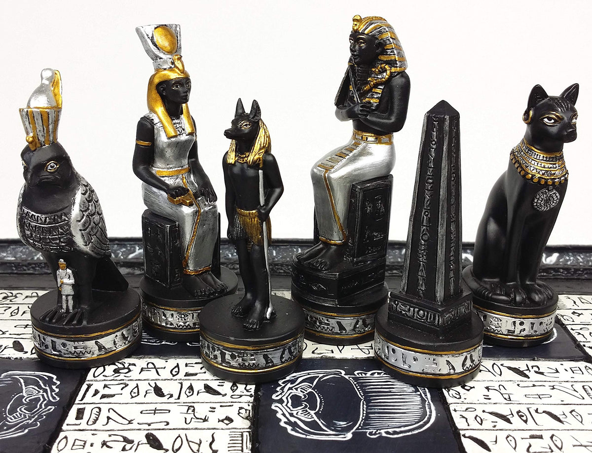 Egyptian Anubis Black and Silver Chess Men Set with Gold Accents  NO Board